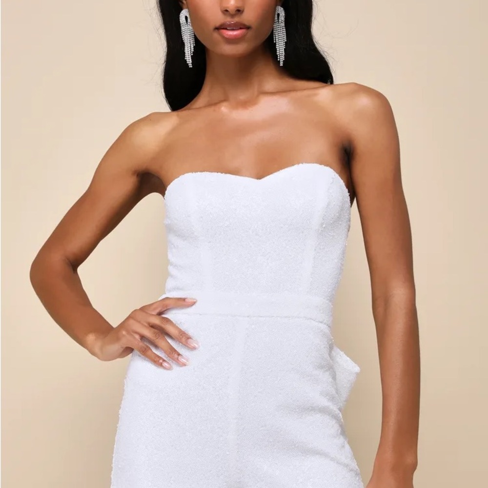 Dazzling Muse White Sequin Bow Strapless Romper Lulu’s